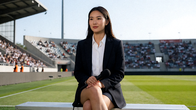 体育新闻发布现场，记者在赛场边进行采访报道